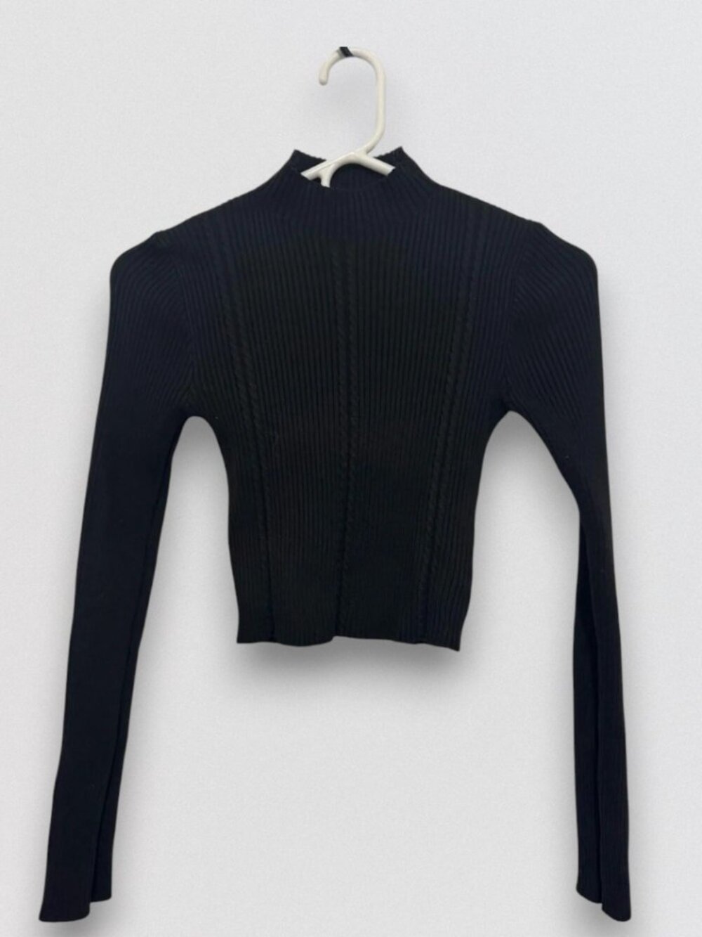 Black Ribbed Mock Neck Crop Sweater Long Sleeve Fitted Knit Top Women XS